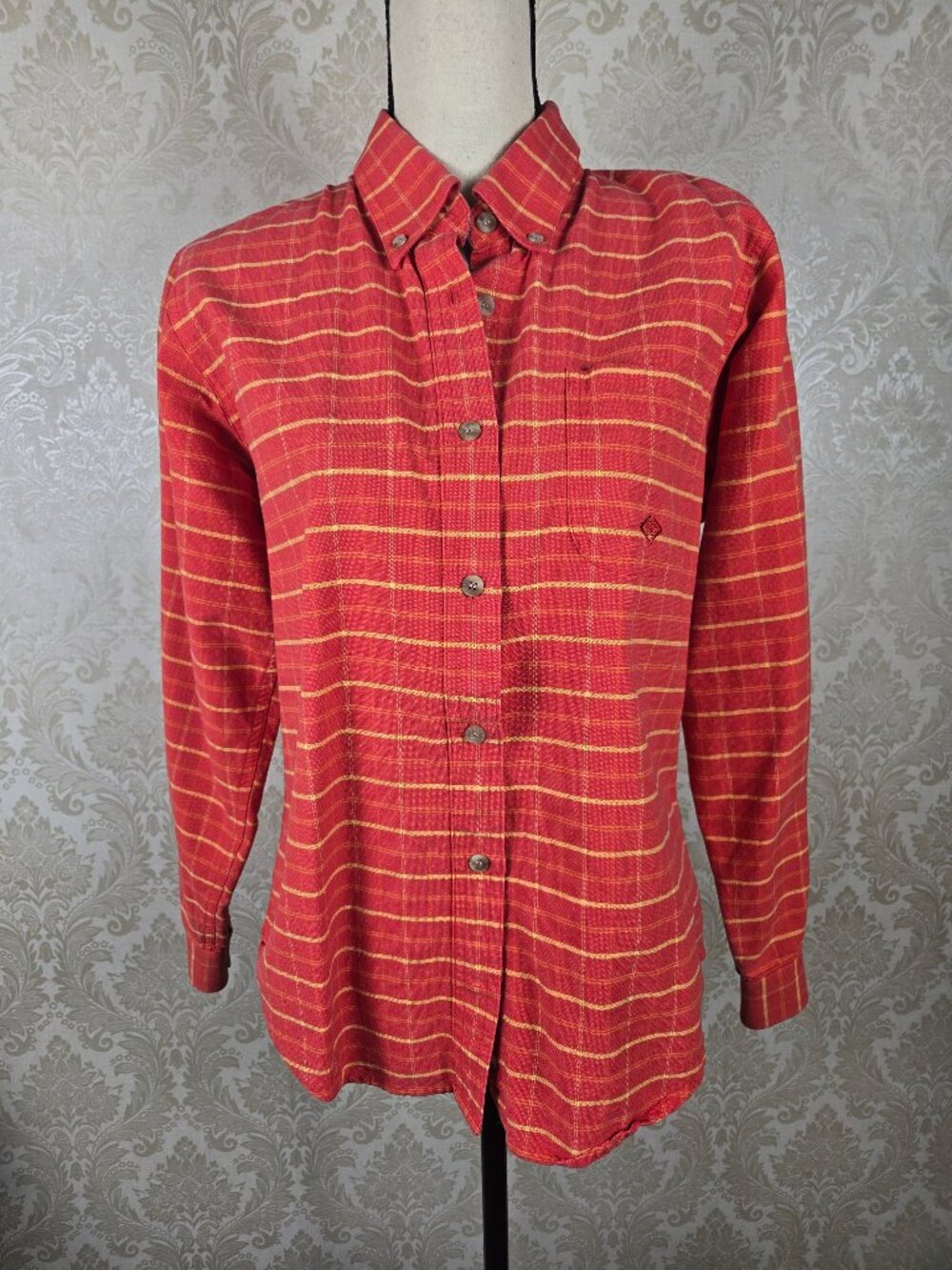 Roper Size Medium Orange Yellow Plaid Button Front Shirt Long Sleeve Collared